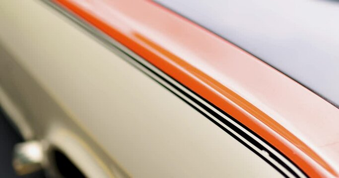 Front end close up view of orange classic car