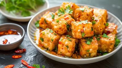 A fiery passion fruit and chili sauce served over crispy fried tofu creating a bold and tropical flavor combination.