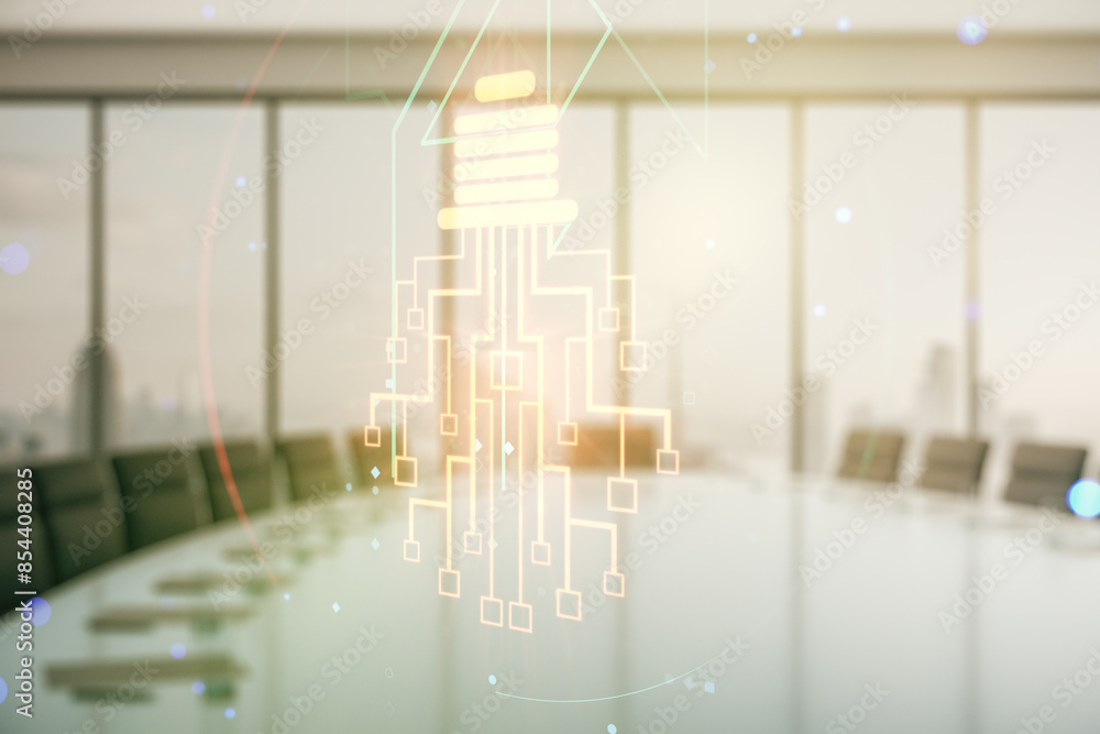 Poster double exposure of virtual creative light bulb hologram with chip on a modern meeting room backgroun