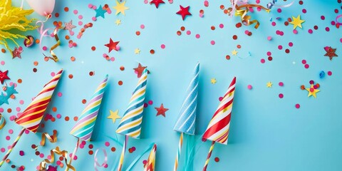 Obraz premium Festive Fireworks Rockets and Party Streamers on Light Blue Background. Happy Independence Day, 4th of July Concept. Christmas Card Template, New Year Banner Mockup, Independence Day, Presidents' Day,