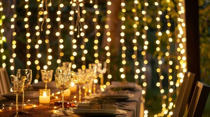 Obraz premium An elegant outdoor dining area is adorned with cascading strands of fairy lights casting a dreamy glow over the table.
