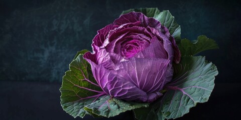A purple cabbage is sitting on a leafy green leaf. Generate AI image