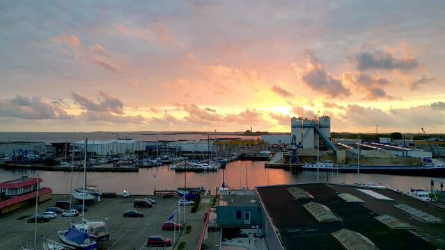Aerial view of port and marina during sunset in Urk fishing town in The Netherlands.