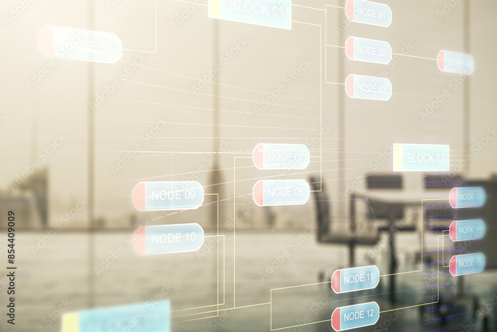 Poster multi exposure of abstract graphic coding sketch on a modern furnished classroom background, big dat