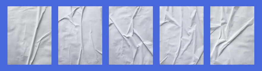 white crumpled and creased glued paper poster set isolated on black background 03