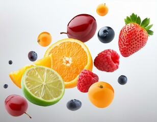 Naklejka premium fruits and berries flying on white background 