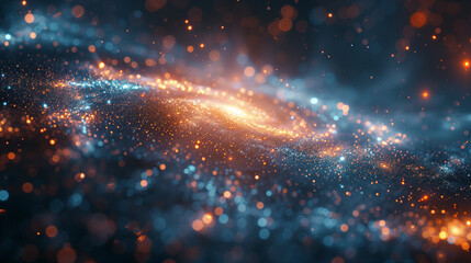 A cosmic scene with glowing particles and ethereal light. The quantum field.