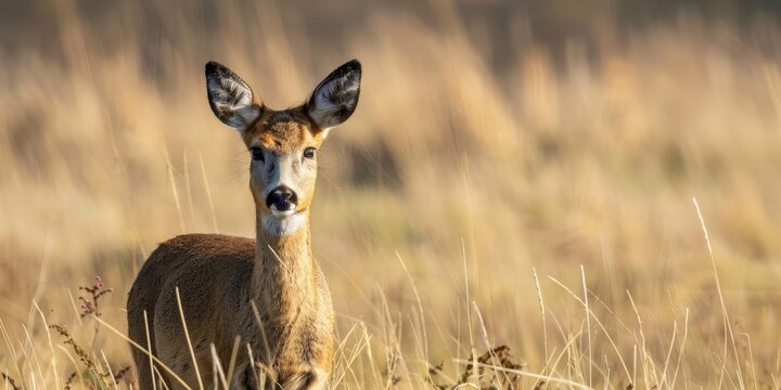 A female deer stands in a field of tall grass. The deer is looking at the camera.