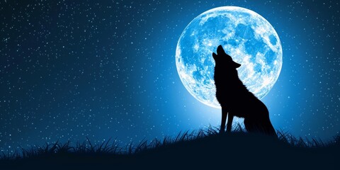 A wolf howls at the moon. The background is a starry night sky.