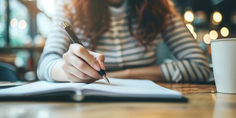 Close-up of a woman's hand writing in a notebook with a pen