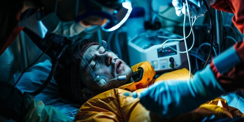 The photo shows a doctor in blue gloves performing surgery on a patient in an extreme environment.