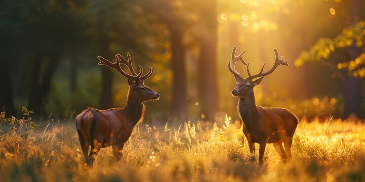 Two majestic deer standing in a sunlit forest