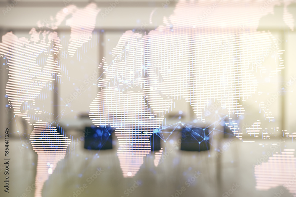 Poster multi exposure of abstract creative digital world map hologram on a modern meeting room background, 