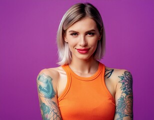 Obraz premium Young blonde woman with arm tattoos isolated on purple background cool edgy vibe orange shirt