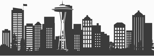 Black and white Seattle city skyline silhouette featuring iconic buildings, urban landscape, minimalist design