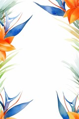 bird of paradise themed frame or border for photos .featuring exotic orange and blue flowers. watercolor illustration, white color background. 