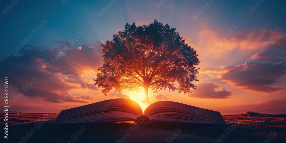 Poster a tree is in the middle of an open book, with the sun shining on it. generate ai image