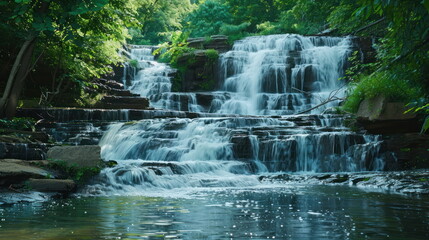 beautiful waterfall with green tree, nature landscape
