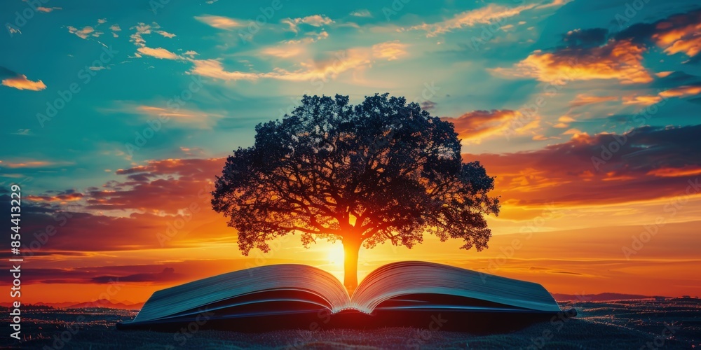 Poster a tree is in the middle of an open book, with the sun shining on it. generate ai image