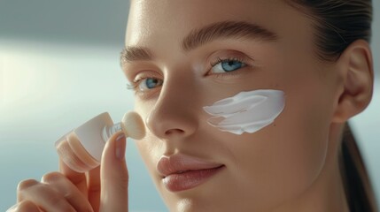 A woman applying moisturizing cream to her face with a container of cream in front of her for beauty and skincare routine concept