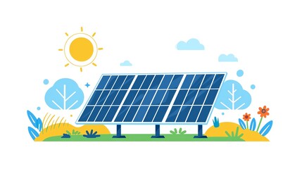 Naklejka premium Illustration of solar panel in a sunny landscape, showcasing renewable energy and sustainability in an eco-friendly environment.