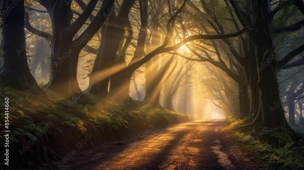 Poster enchanting forest pathway with beams of sunlight filtering through the trees, creating a mystical at