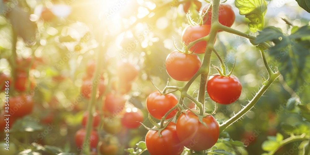 Poster a bunch of red tomatoes hanging from a plant. generate ai image