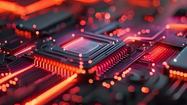 A close up of a computer circuit board with red lights.