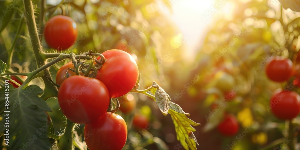 Poster a bunch of red tomatoes hanging from a plant. generate ai image