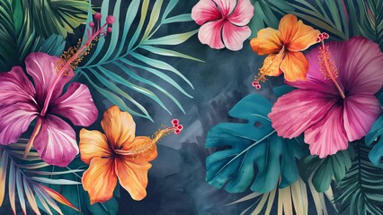 Watercolor banner tropical leaves and branches pattern