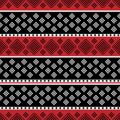 Seamless geometric fabric pattern on red and black background.