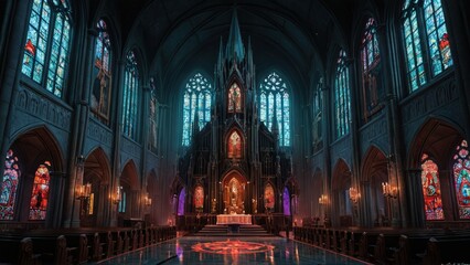 Obraz premium Church Interior with Stained Glass Windows.