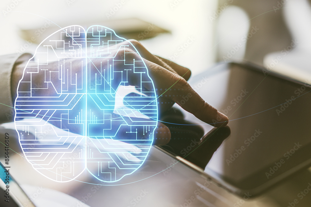 Poster double exposure of creative artificial intelligence symbol with finger clicks on a digital tablet on