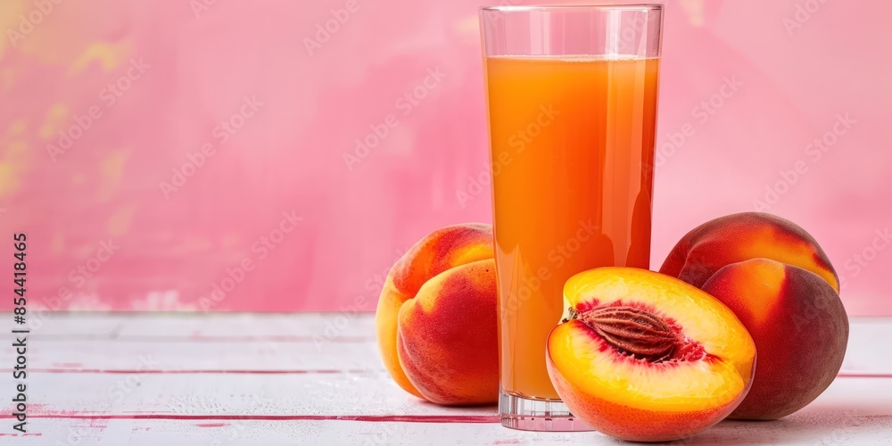 Poster a glass of orange juice is on a table with a few slices of peach. generate ai image