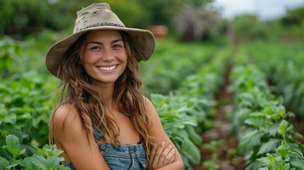 A cheerful female farmer standing in a lush green field, smiling with pride and joy, representing the heart of agriculture. AI Generative