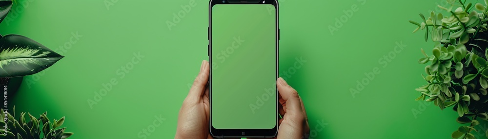 Poster a high-resolution image features a hand holding a vertical smartphone with a blank green screen, set