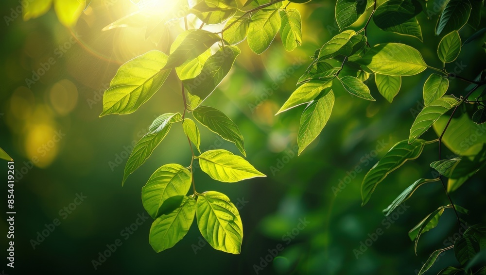 Poster a leafy tree branch with sunlight shining through the leaves. generate ai image