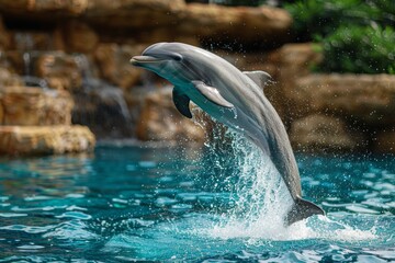 Obraz premium A close-up of a dolphin leaping out of the water, capturing the grace and joy of marine life. Ideal for themes of nature, freedom, and beauty. Ends with the word AI Generative.