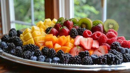 Fototapeta premium A close-up of a vibrant fruit platter with a variety of colorful, fresh fruits, symbolizing health, variety, and natural sweetness. Perfect for themes of nutrition AI Generative.