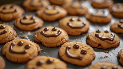 Fototapeta premium Close-up of freshly baked cookies with chocolate smiley faces on a baking tray, a delightful treat