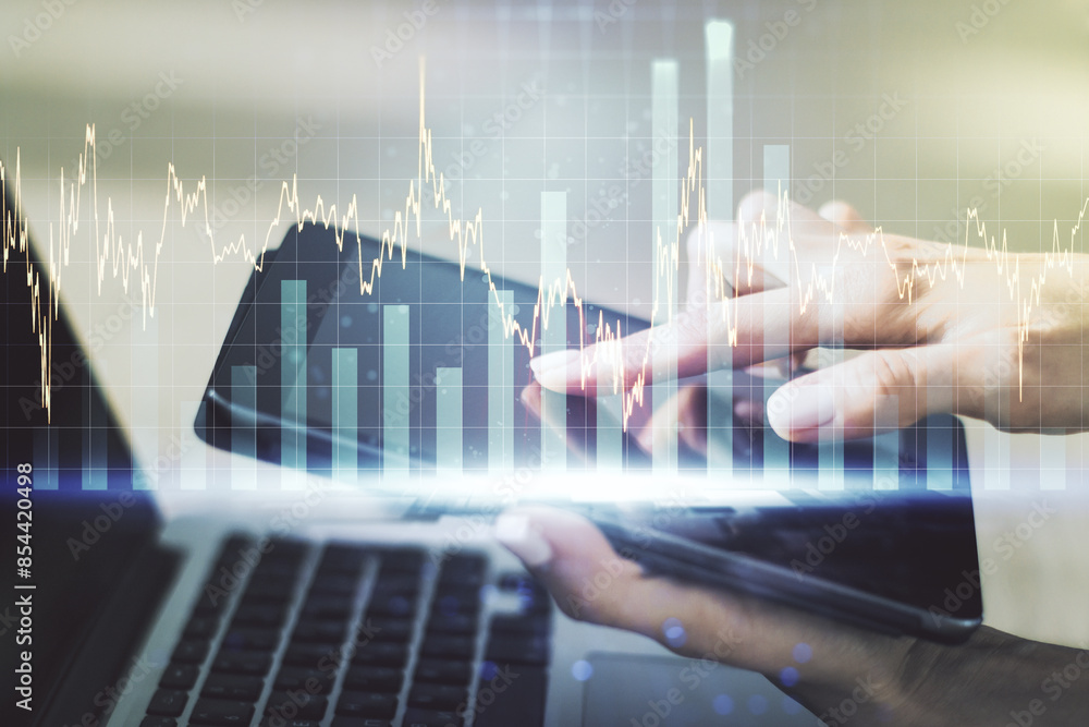 Poster multi exposure of abstract creative financial chart with finger presses on a digital tablet on backg