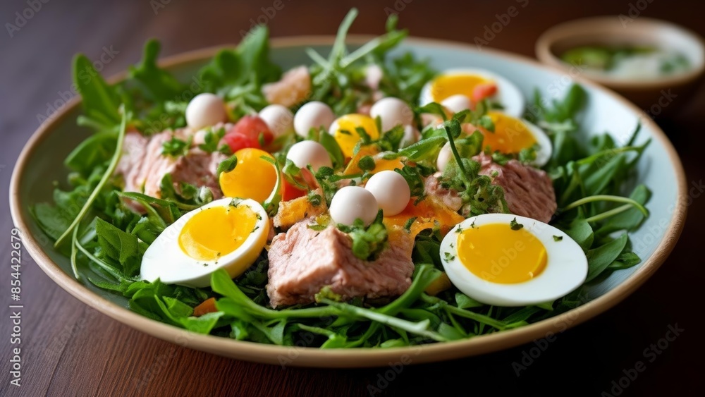 Sticker  Fresh and vibrant salad with hardboiled eggs and greens