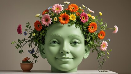 Head Vase With Flowers.