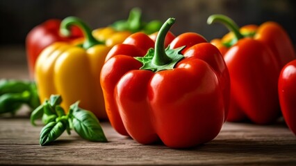  Freshly harvested bell peppers on a rustic table