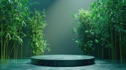 A serene bamboo stage with verdant foliage illuminated by soft lighting, creating a tranquil atmosphere.