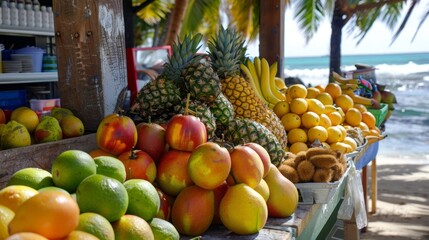 A refreshing break from the sun at the beach fruit stand offering an array of tropical flavors.