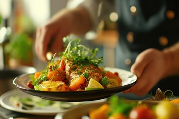 Private chef serving meal close up, selective focus personal dining , private residence.