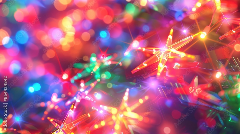 Poster blurry light effects and neon glow on festive decorations create a colorful abstract background patt