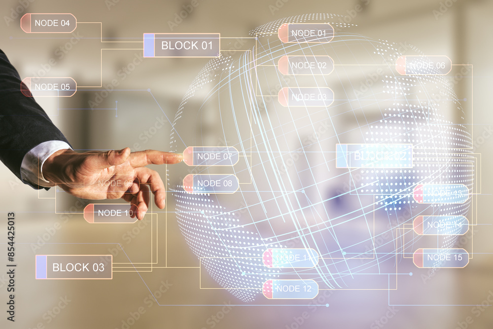 Leinwandbilder double exposure of male hand presses on abstract programming language and world map on blurred offic