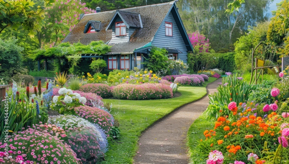 Poster a house with a large garden in front of it. generate ai image